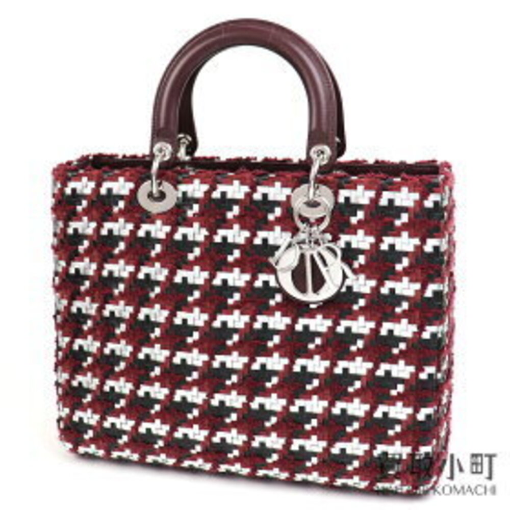 Dior Lady Bag Tweed Braided Leather Bordeaux Purple Handbag Tote Logo Charm
